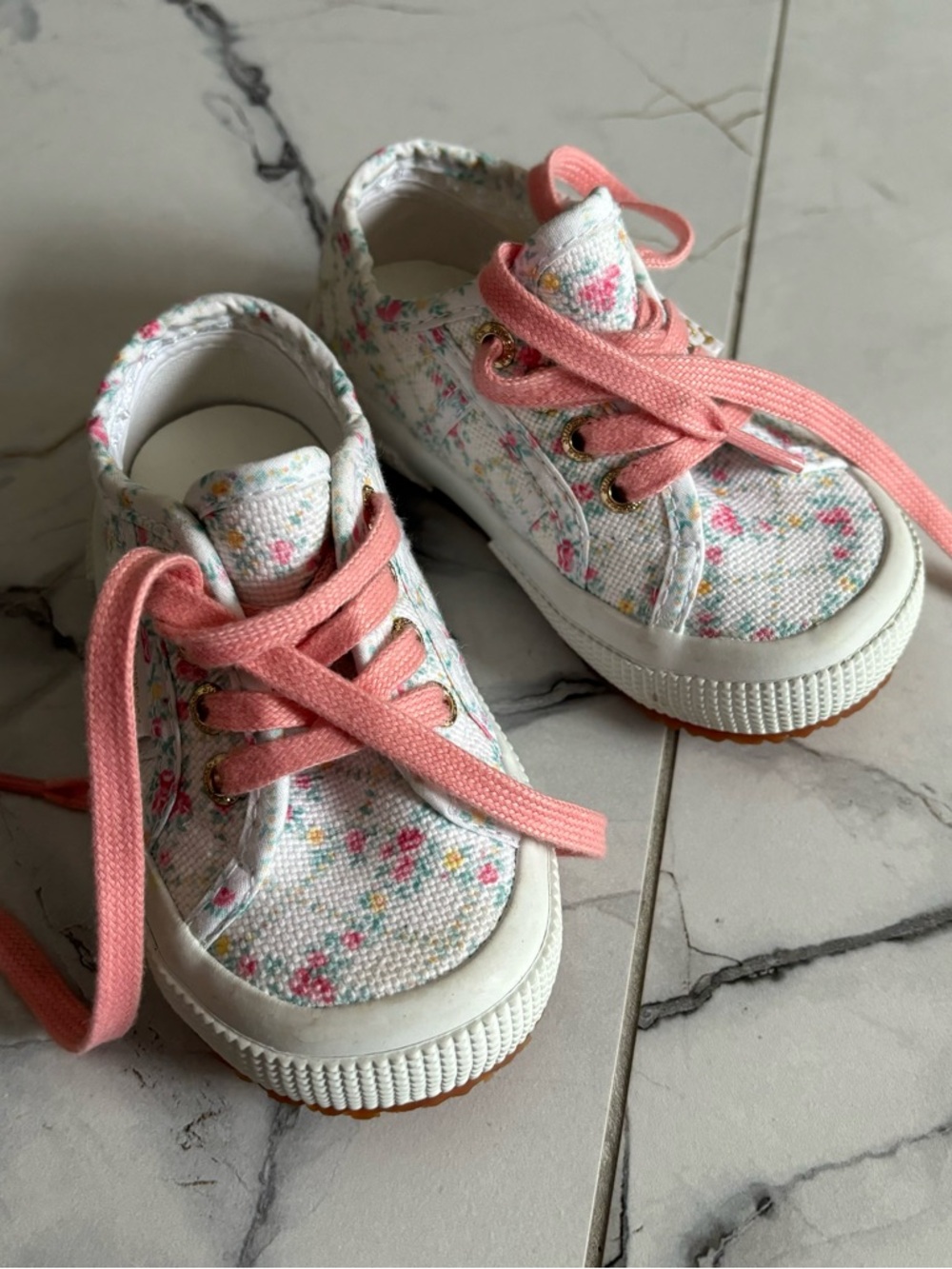 LoveShackFancy Kids White Floral Sneakers with Pink Laces